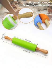 1pc Silicone Rolling Pin With Wooden Handle, Home Use Non-Stick Dough Roller, Dumpling Kneading Baking Tool, Kitchen Utensil - Green - View 14