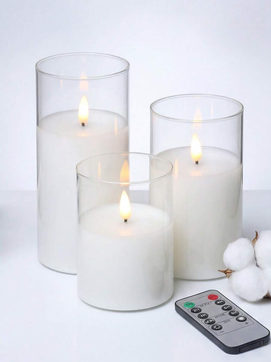 Bộ 3 nến giả lập lửa nhấp nháy, chạy bằng pin, có hẹn giờ và điều khiển từ xa, thích hợp để trang trí bàn ăn, dịp Giáng sinh, Halloween, Ngày Valentine, Ngày của Mẹ, bàn ăn, phòng ngủ, đám cưới, tiệc tùng, làm quà tặng, trang trí không khí lễ hội.