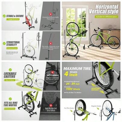 Vertical Bike Parking Stand - Adjustable Height 29Wheels, Space - Saving Freestanding Bike Rack MTBRoad Bikes, No - Drill Installation Indoor Bike Storage Apartments Garages