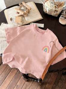 Young Girl Casual Funny Print Round Neck Short Sleeve T-Shirt, Summer Top - Pink - View 6