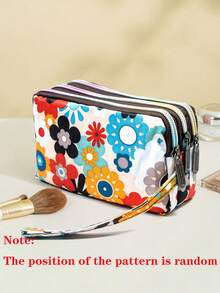 1个时尚印花大容量女士手拿包，带3层拉链隔层和可拆卸腕带 - 耐用印花尼龙材质，适合旅行、日常使用，可装手机、化妆刷、口红、美容工具、化妆品旅行包、拉链零钱包、多功能卡包，女士日常手提包，满足您的外出和日常需求。 - 彩色 - 查看 12