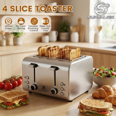 SUPERLEX 4-Slice Stainless Steel Toaster,1600W Fast Heating, Warm Up/Defrost/Cancel/Reheat Functions, LED Indicator 7-Speed Adjustment, Removable Crumb Tray For Easy Cleaning, Stainless Steel Material,Silver.