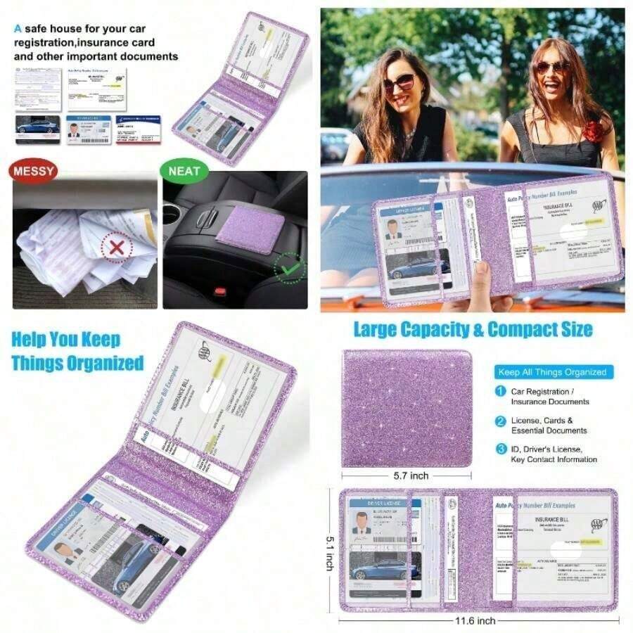 Portadocumentos para Registro e  de Automóvil, Organizador de Guantera de Cuero para Tarjetas y Documentos de Vehículo, Accesorios Esenciales para Compartimento de Auto y Camión, Información Esencial, Tarjetas de Licencia de Conducir, Azul Oscuro - Estilo básico corto + purpurina morada - Ver 1