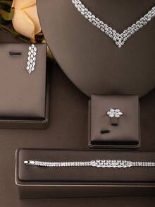 一套奢华优雅的立方氧化锆麦穗造型首饰套装，包含1对耳环、1条项链、1条手链、1枚戒指，适合婚礼及正式场合佩戴，不含礼盒。 - 銀色01 - 查看 2