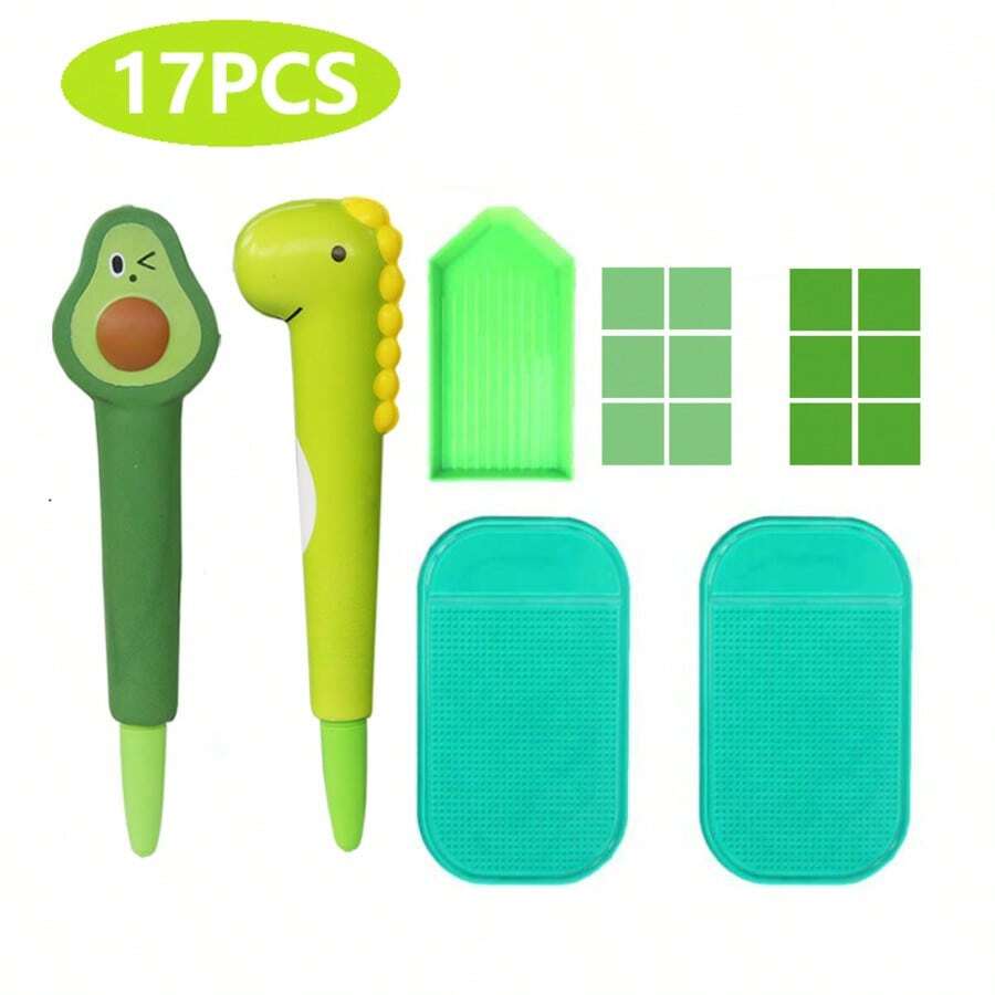 17pcs Diamond Painting Tool Kit, Avocado Dinosaur Drill Pen Glue Tray, Essential For DIY Diamond Embroidery & Cross Stitch Handcraft - 17pcs - View 1