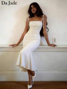 女士优雅休闲黑白波点荷叶边露肩中长连衣裙，适合海滩、度假、早午餐、约会、情人节、日常穿着 - 白色 - 查看 1