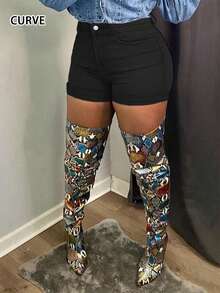 New Fashionable Minimalist Mid-Waist Plus Size Women Plain Denim Shorts Casual Black Summer - Black - View 3