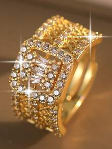 1pc Luxury Court Style Geometric Lattice Cubic Zirconia Wide Band Engagement Rings, Delicate Hollow Design, Perfect For Daily Wear, Wedding, Banquet & Party - Yellow Gold - View 7