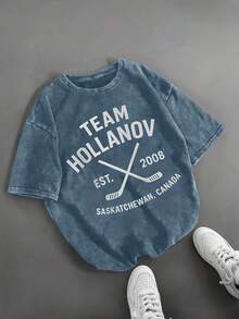 1pcPlus Size - Plus Size - Hollanov Hockey Romance T-Shirt| Heated Rivalry Streetwear, Graphic Printed, Long Length, Crew Neck, Vintage Stylesummer Outfits Summer - 藍色 - 查看 6