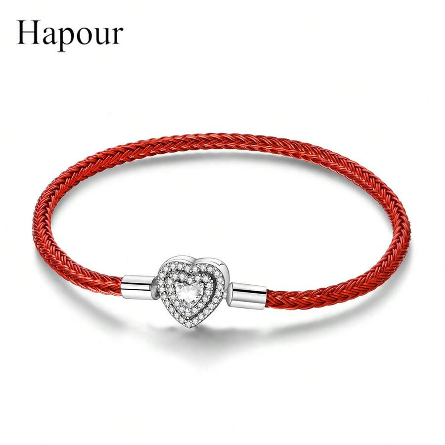 925纯银手链，镶嵌闪亮锆石心形扣，蛇形链，红色皮手链，女士DIY吊坠串珠首饰礼品 - 紅色 - 查看 1