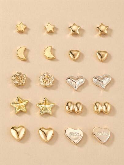 20pcs/Set Minimalist Metal Heart, Star, Moon Stud Earrings Set, Fashionable Daily & Party Accessories For Women