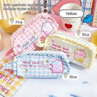 1 Pc Lace Cute Embroidered Small House Pen Bag Large Capacity Cartoon Stationery Storage For Students