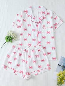 2pcs Women Pajama Set, Bow Print Shirt And Shorts, Sleepwear And Loungewear - White - View 1