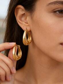 1对不锈钢小耳环，金色圆形水滴耳环，女士时尚婚礼耳饰礼物 - 金色 - 查看 17