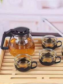 Juego de té Kung Fu de alta gama con tetera de vidrio de 1000 ml, tetera de vidrio borosilicato a prueba de fugas y resistente al calor, juego de tazas de té de cerámica, filtro de té de acero inoxidable, adecuado para temperaturas de -20 a 120 grados Cel - Negro - Ver 2