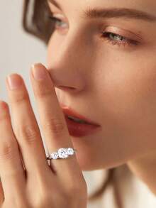 3-Stone Cubic Zirconia 925 Sterling Silver Ring, Engagement/Anniversary Gift Box For Girlfriend/Wife - Silver - View 3