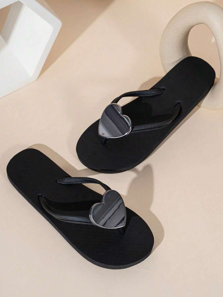 2026 Summer New Heart-Shaped Flip Flops, Women's Non-Slip Outdoor Beach Slippers, EVA Soft Bottom Lightweight Minimalist Solid Color Sandals - Heart Black - View 1