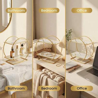 Stainless Steel 2-Tier Freestanding Cosmetic Organizer - 27" Modern Circular Makeup Vanity Shelf For Skincare, Perfumes, Brushes - Bathroom & Dressing Table Storage With Marble-Like Base, Skincare Organization | Elegant Metallic Finish | Goldtoned Finish, Cosmetic Storage Organizer