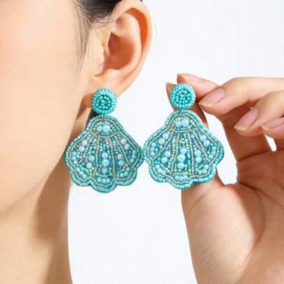 Bông tai đính hạt ngọc lam kiểu bãi biển, bông tai mặt dây chuyền hình sao biển, mai rùa, lá cây thủ công, bộ trang sức thời trang mùa hè phong cách Bohemian.