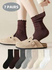 1/6/7 Pairs Cute Lace Trim Women Socks, Soft Comfortable Loose Cuff, Suitable For Casual Autumn Wear And Daily Home Use, Red Color - Multicolor - View 1