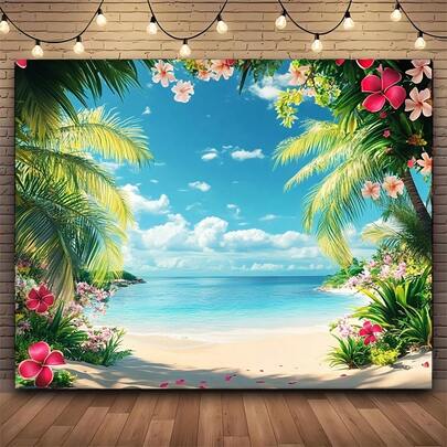 1pc Tropical Paradise Background With Palm Trees And Ocean, Suitable For Outdoor Gatherings