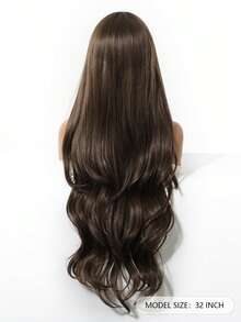 32英寸机织长款波浪卷假发，带刘海，深棕色耐热合成假发，适合日常佩戴和拍照 - 深棕色 - 查看 5