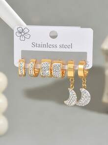 Set de 6 pendientes de aro con colgante de luna con microincrustraciones de rhinestone de acero inoxidable con estilo retro, uso versátil diario para mujeres - multicolor - Ver 3