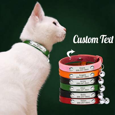 Customized Leather Cat Collar With Engraved Text, Adjustable Size Suitable For Cats And Small Dogs, Anti-Lost Pet Collar