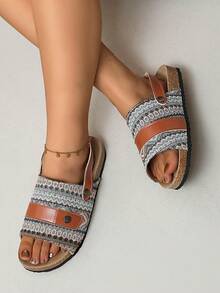 Women's Round Toe Flat Casual Slip-On Sandals With Floral Print, Versatile - Coffee Brown - View 3