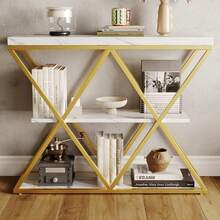 Mesa de consola industrial de 3 niveles con marco de metal de oro en forma de X - estantes abiertos blancos, mármol blanco superior de madera rústica, pies ajustables, muebles modernos de acento de entrada para vestíbulo, sala de estar - Mármol blanco - Ver 1