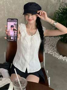 甜美荷叶边领修身短款女式衬衫，夏季 - 杏色 - 查看 2