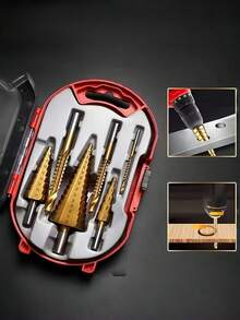 6件套钛涂层钻头组，钛高速钢阶梯钻头，适用于钻削木材和金属 - 多色 - 查看 1