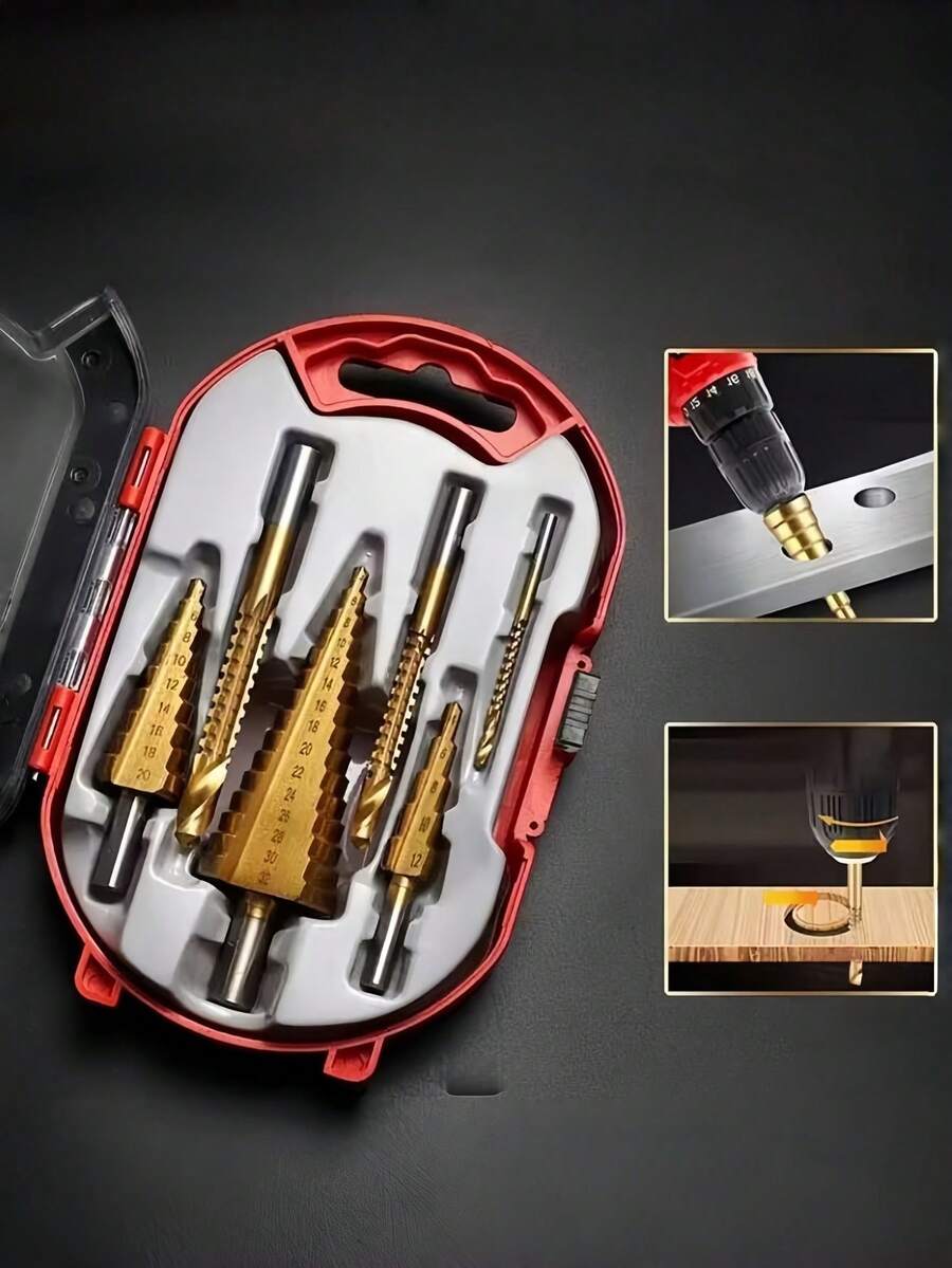 6件套钛涂层钻头组，钛高速钢阶梯钻头，适用于钻削木材和金属 - 多色 - 查看 1