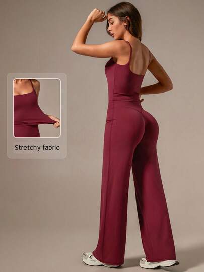 TimeOff Conjunto de ropa deportiva de verano para mujer con top de tirantes finos de unicolor con relleno extraíble y pantalones rectos y relajados