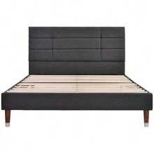 Upholstered Bed, Double Bed With Slatted Base, 140x200cm Upholstered Bed Frame With Headboard, In Dark Grey Linen, For Adults And Teenagers (Mattress Not Included) - Dark Grey - View 4