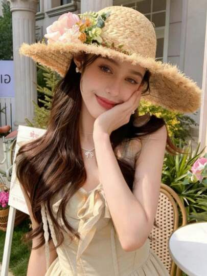 1顶手工编织花卉草帽，夏季休闲时尚，适合女性，轻便可折叠，适合外出、海滩、旅行等多种场合。