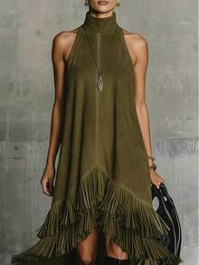Women's High Neck Sleeveless Fringe Hem Midi Dress - 墨綠色 - 查看 2
