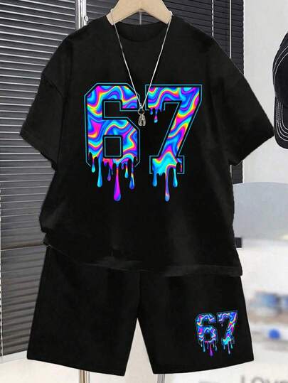 男童数字印花短袖T恤和短裤休闲套装