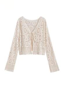 女士波西米亚镂空针织钩编蕾丝披肩罩衫，沙滩度假风罩衫 - 杏色 - 查看 6