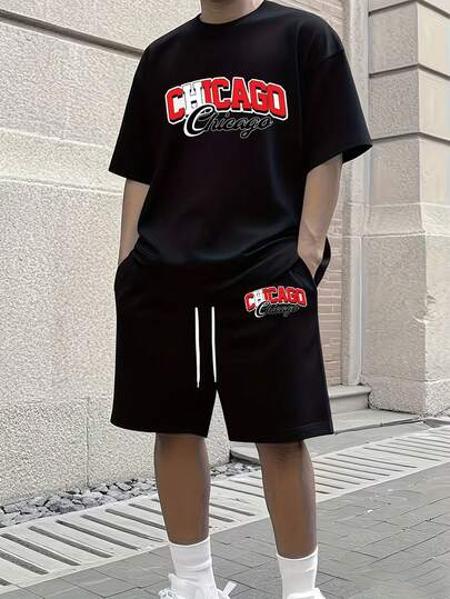2pcs CHICAGO Letter Graphic Outfit - Cotton Short Sleeve T-Shirt And Polyester Shorts, Lightweight Comfortable Casual Sports Set, Suitable For Spring And Summer Wear Or Gift