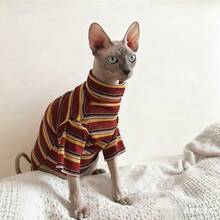 Sphynx Cat Couple's Base Layer, Contrast Striped Versatile Matching Outfit, Warm And Cozy Companionship, Hairless Cat Exclusive, Skin-Friendly Turtleneck Striped T-Shirt - Red - View 3