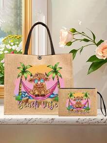 Sac à main en lin imprimé de vache des Highlands, motif ambiance plage, grand sac cosmétique avec corde à main, cadeau de Noël, porte-monnaie en lin, sac de courses, sac cosmétique, avec design d'impression de lettres et de motifs artistiques pour femmes, utilisation quotidienne comme sac de courses pratique. Cadeau de remerciement pour les enseignants, guide des cadeaux de la Saint-Valentin, cadeaux de la Saint-Valentin abordables, Pâques, Fête des Mères - Multicolore - Voir 2