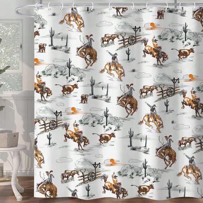 1 chiếc rèm tắm họa tiết cao bồi miền Tây, rèm tắm hình cao bồi cưỡi ngựa và cây xương rồng, phong cách trang trại đồng quê, thích hợp để ngăn cách bồn tắm, trang trí rèm tắm, phụ kiện phòng tắm.