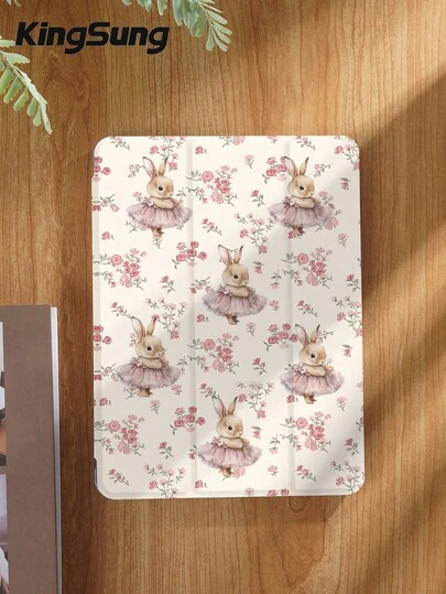 Kingsung 兔子与花卉图案平板电脑保护套，适用于 9.7/10.2/10.5/10.9/12.9 英寸/Pro 11 英寸、第十代 Galaxy Tab S6 Lite 10.4 英寸、Kindle Paperwhite 第十二代（2024 年款）、Kindle 第十一代（2022 年款）、Kobo Clara Color，柔软防震，智能支架/自动唤醒/睡眠功能