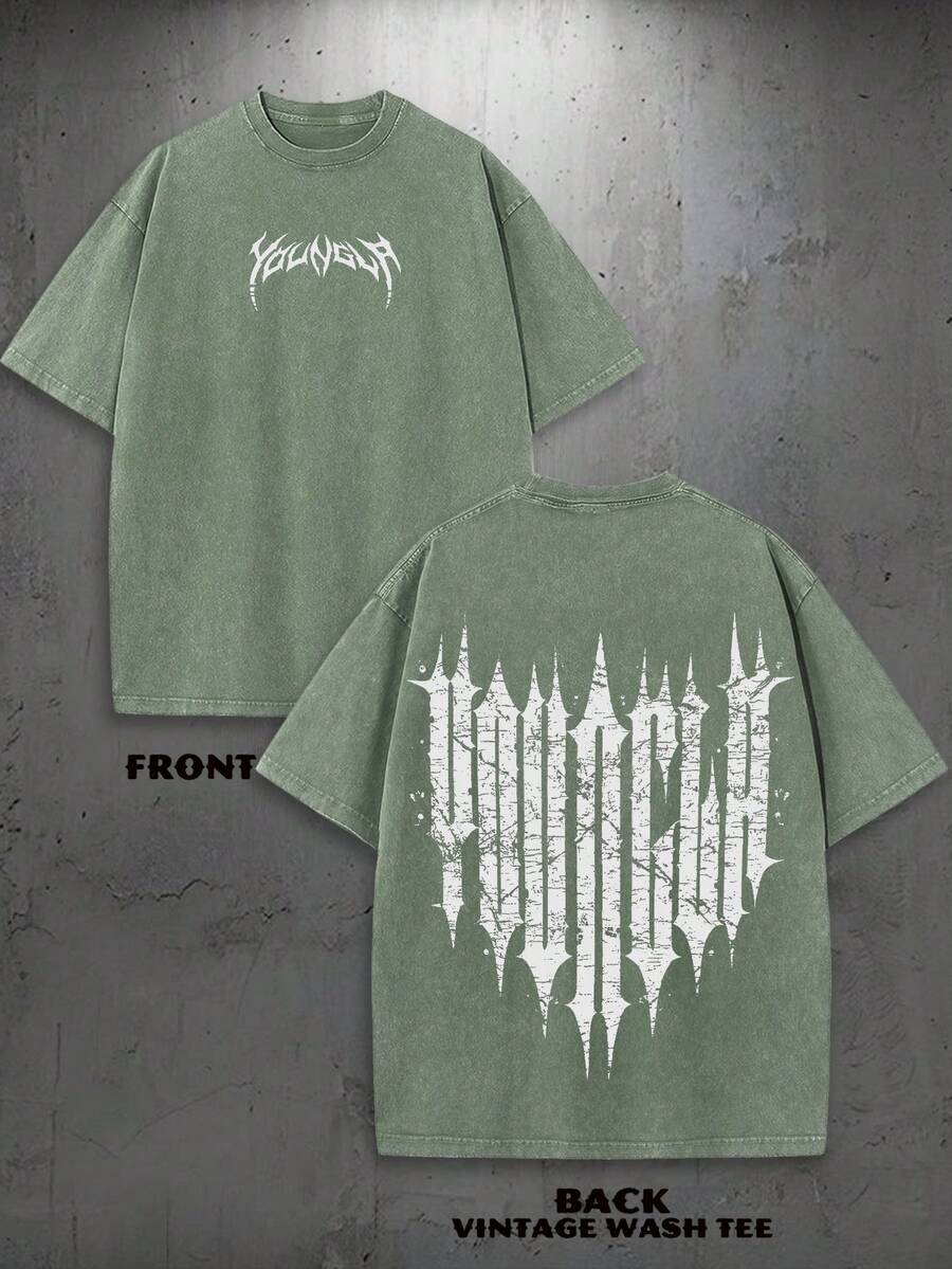 1PC Y2K Vintage Washed T-Shirt | Men's YLA Graphic Tee | Gym Graphic Tee | Gifts For Men Or Boyfriend | 100% Cotton | 230Gsm Thickened Fabric | Unisex - 綠色 - 查看 1