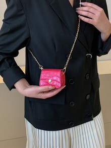 Mini Crocodile Embossed Solid Color Chain Crossbody Bag - Hot Pink - View 7