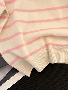 Women's Summer Striped Short Sleeve Knit T-Shirt, New Casual Versatile Chic Flattering Top - Pink - View 5