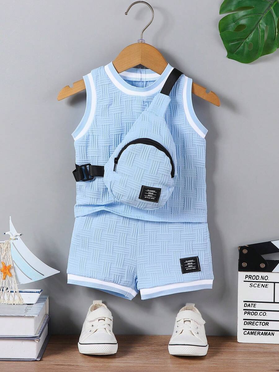 Bhchntiy 3 Stücke/Set Kleinkind Jungen Sommer Neue Rippkragen Strukturstoff Einfarbig Weste, Shorts und Umhängetasche Lässiger Modischer Outfit - Blau - Übersicht 1