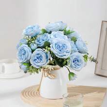 1/3 Bunch Artificial Light Blue Mixed Peony Flowers - Lifelike Faux Flowers With Realistic Petals And Stems, Suitable For Wedding Decor, Bridal Bouquet, Classroom Decoration, Home Vase Arrangement, Garden Party, Birthday Celebration, Valentine's Day And Graduation Gift - Baby Blue - View 3