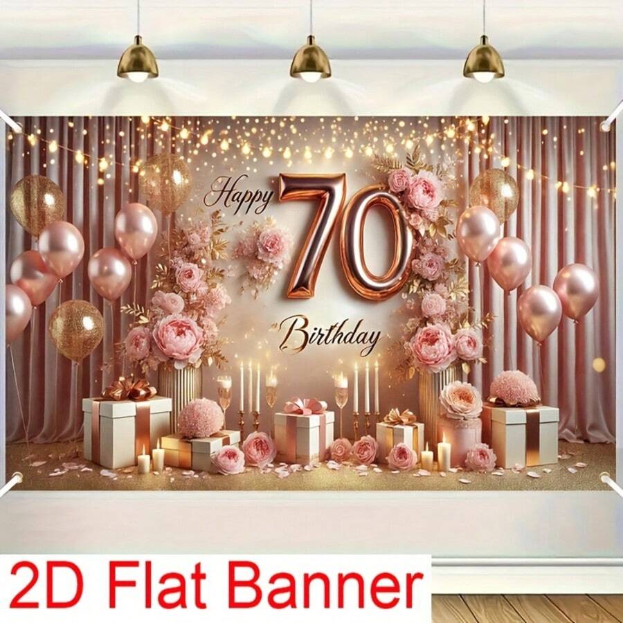 1pc 2D Flat Rose Gold Themed Banner, Suitable For 70th Birthday, Made Of Polyester, In Pink-Gold Color Scheme With String Lights And Gift Box Decor - 5 - View 1